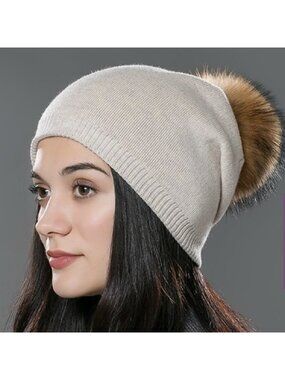 NWT- SOFT! Cashmere Blend Pom Beanie, Champagne